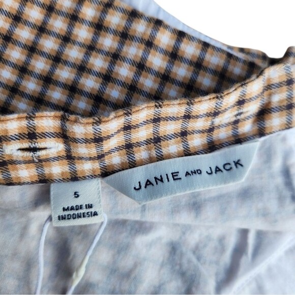 Janie And Jack Girls Tan Houndstooth Jumpsuit Ruffle Crisp White Collar Size 5 - Picture 2 of 14